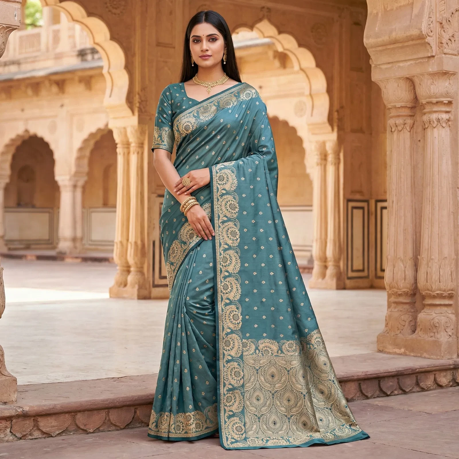 Mb 8 Satin Silk Golden Butta Woven Saree Collection