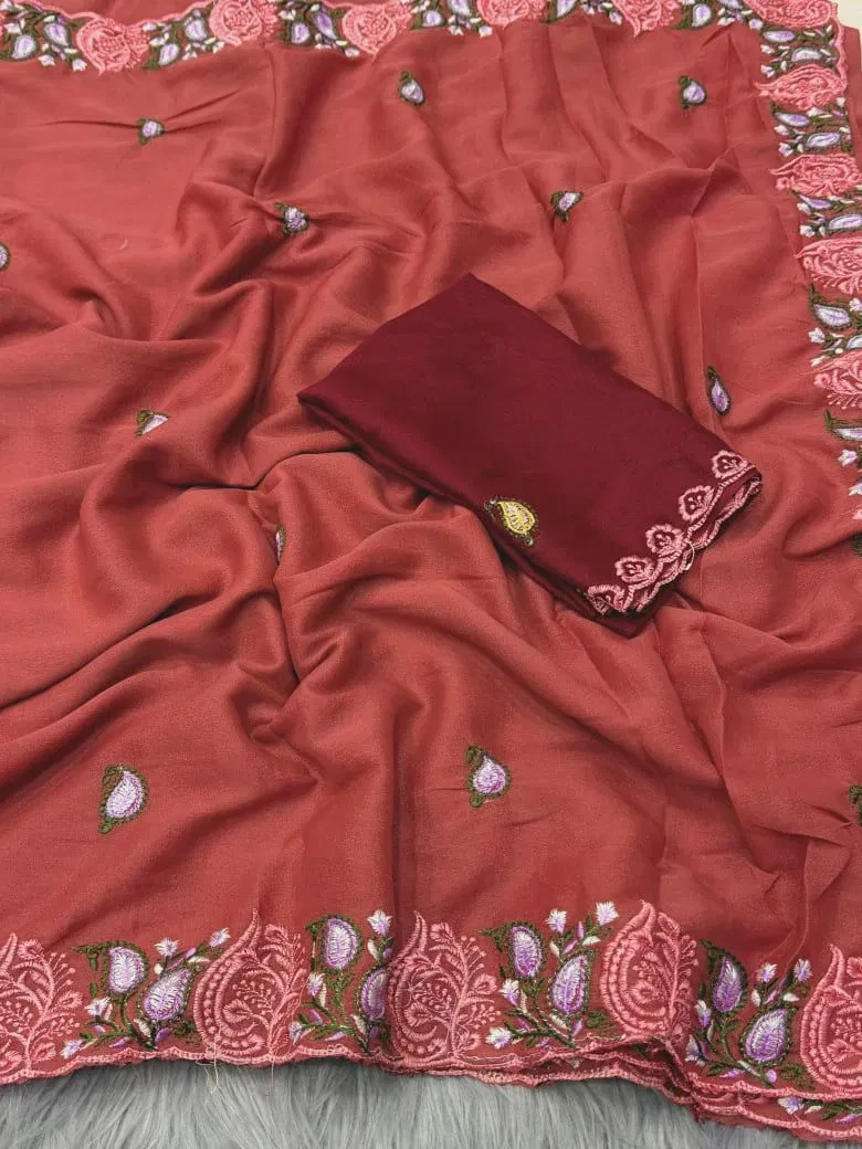Ah New Rosewood Georgette Embriodery Worked Party Wear Saree Collection