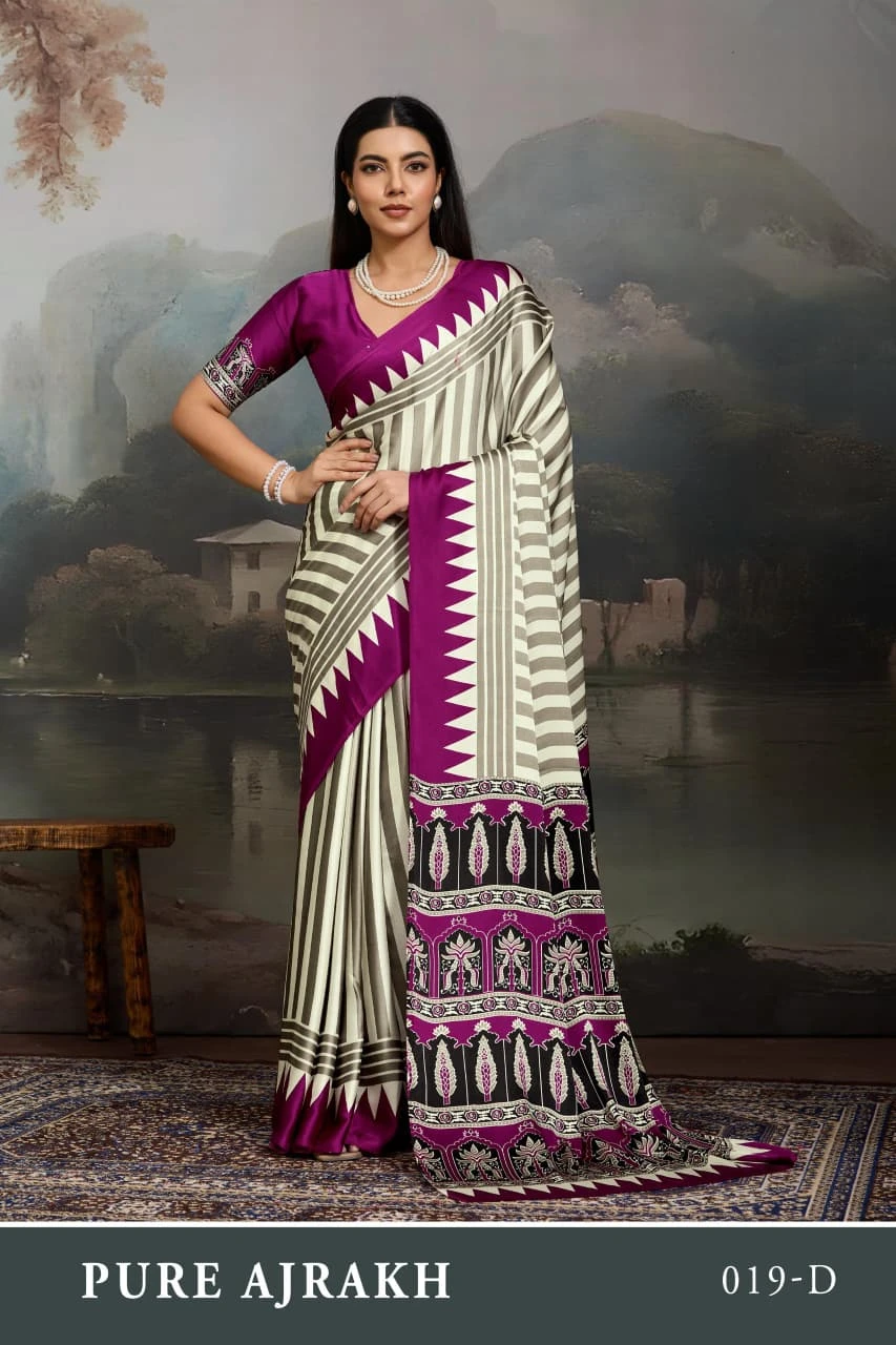 Pure Ajrakh 019 a to F Modal Satin Ajrakh Printed Saree Collection