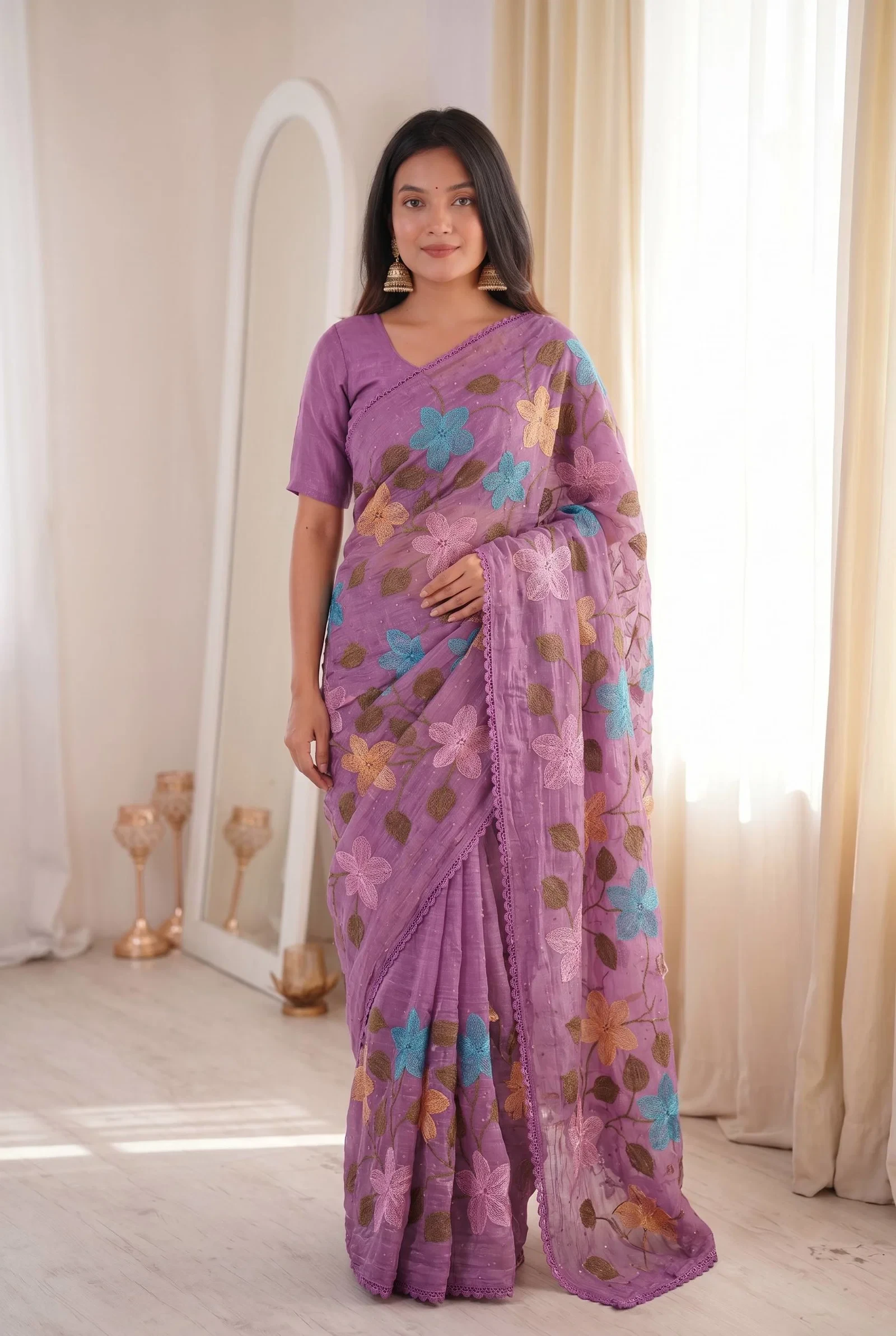 Bt 1311 Viscose Crunchy Silk Floral Embroidery Worked Saree Collection