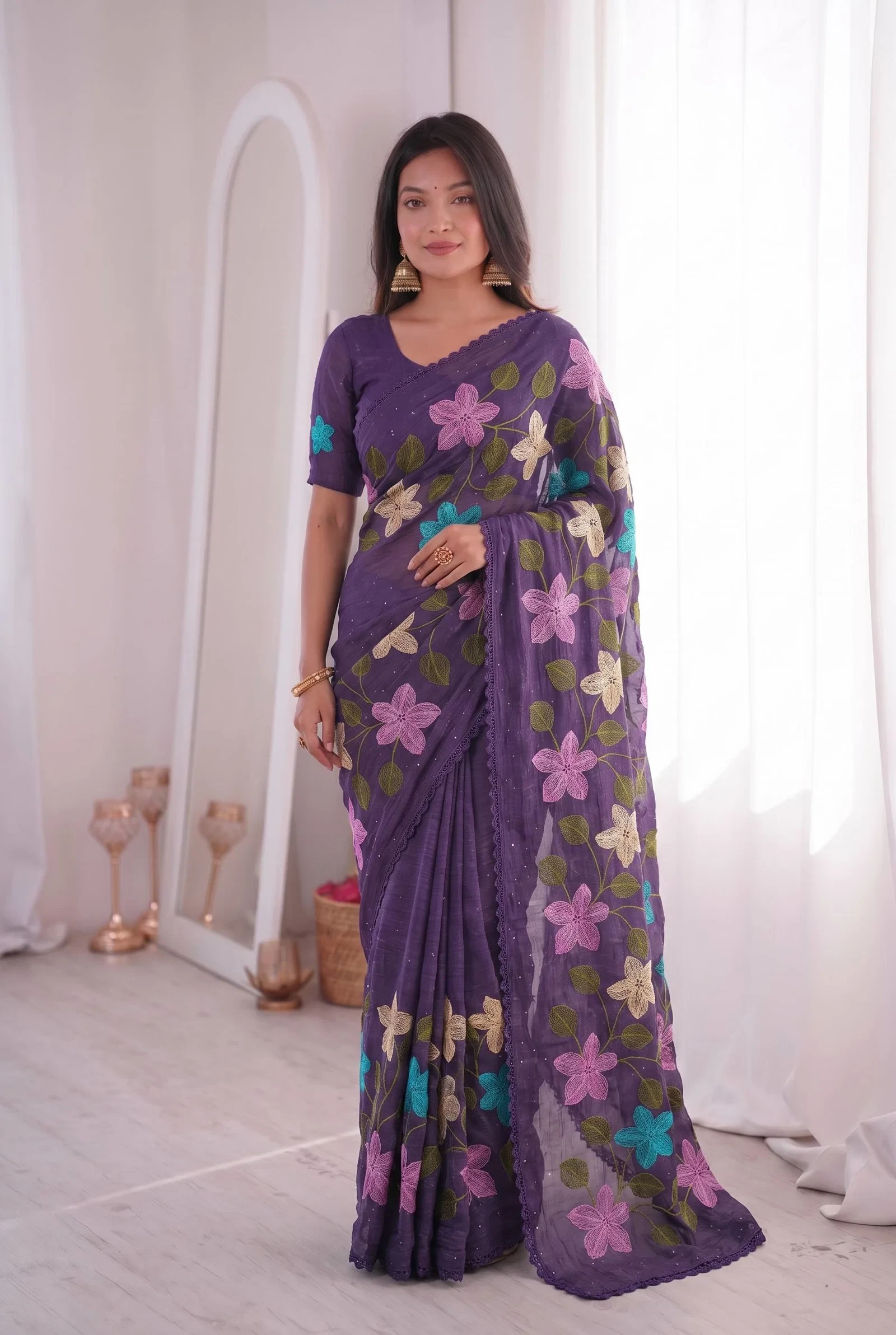 Bt 1311 Viscose Crunchy Silk Floral Embroidery Worked Saree Collection