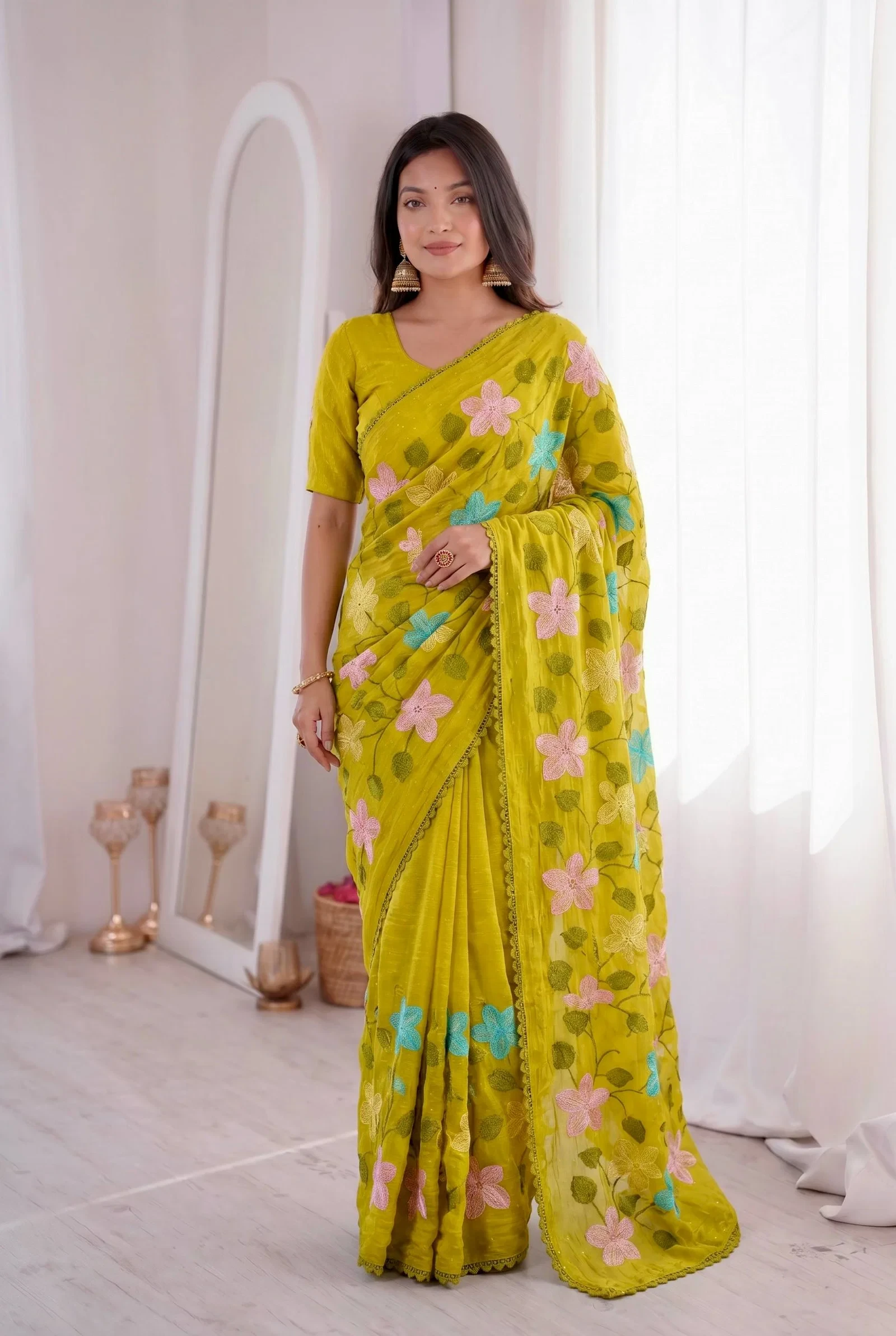 Bt 1311 Viscose Crunchy Silk Floral Embroidery Worked Saree Collection