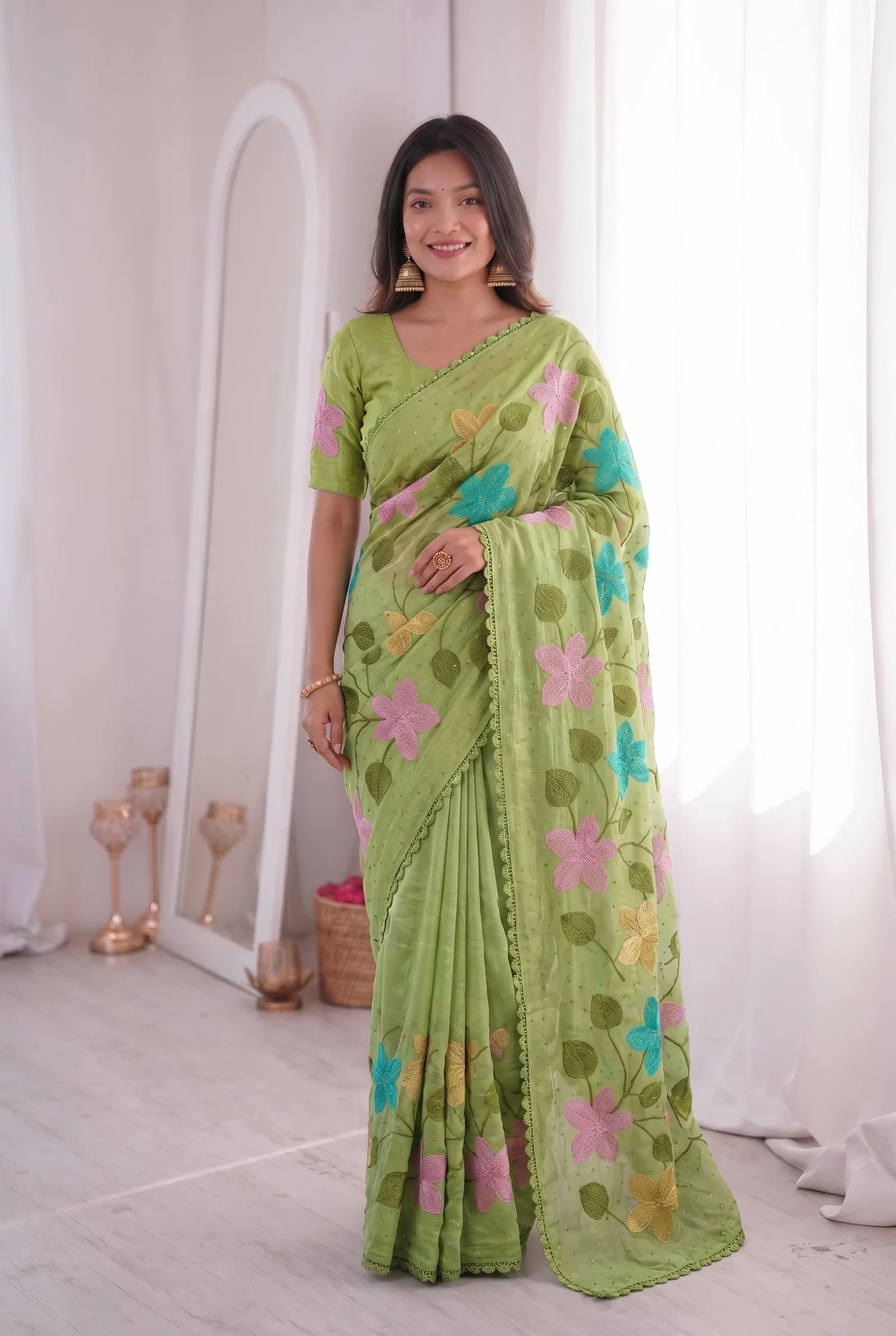 Bt 1311 Viscose Crunchy Silk Floral Embroidery Worked Saree Collection