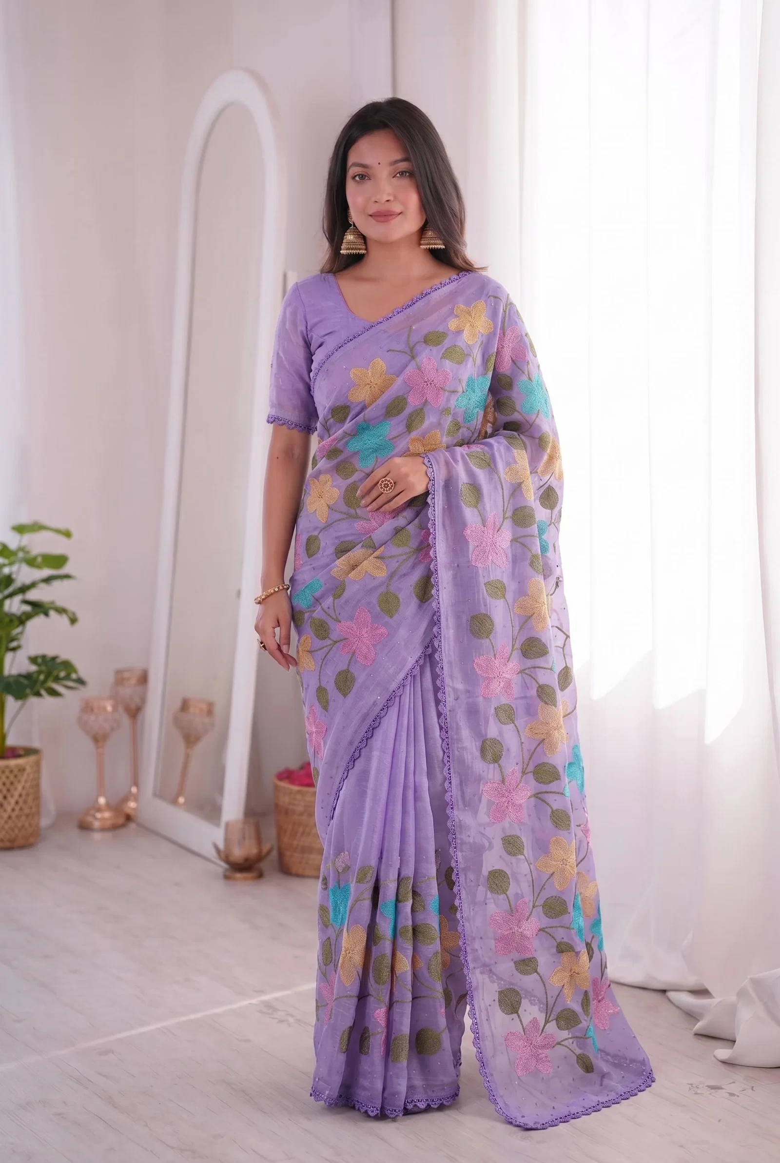 Bt 1311 Viscose Crunchy Silk Floral Embroidery Worked Saree Collection