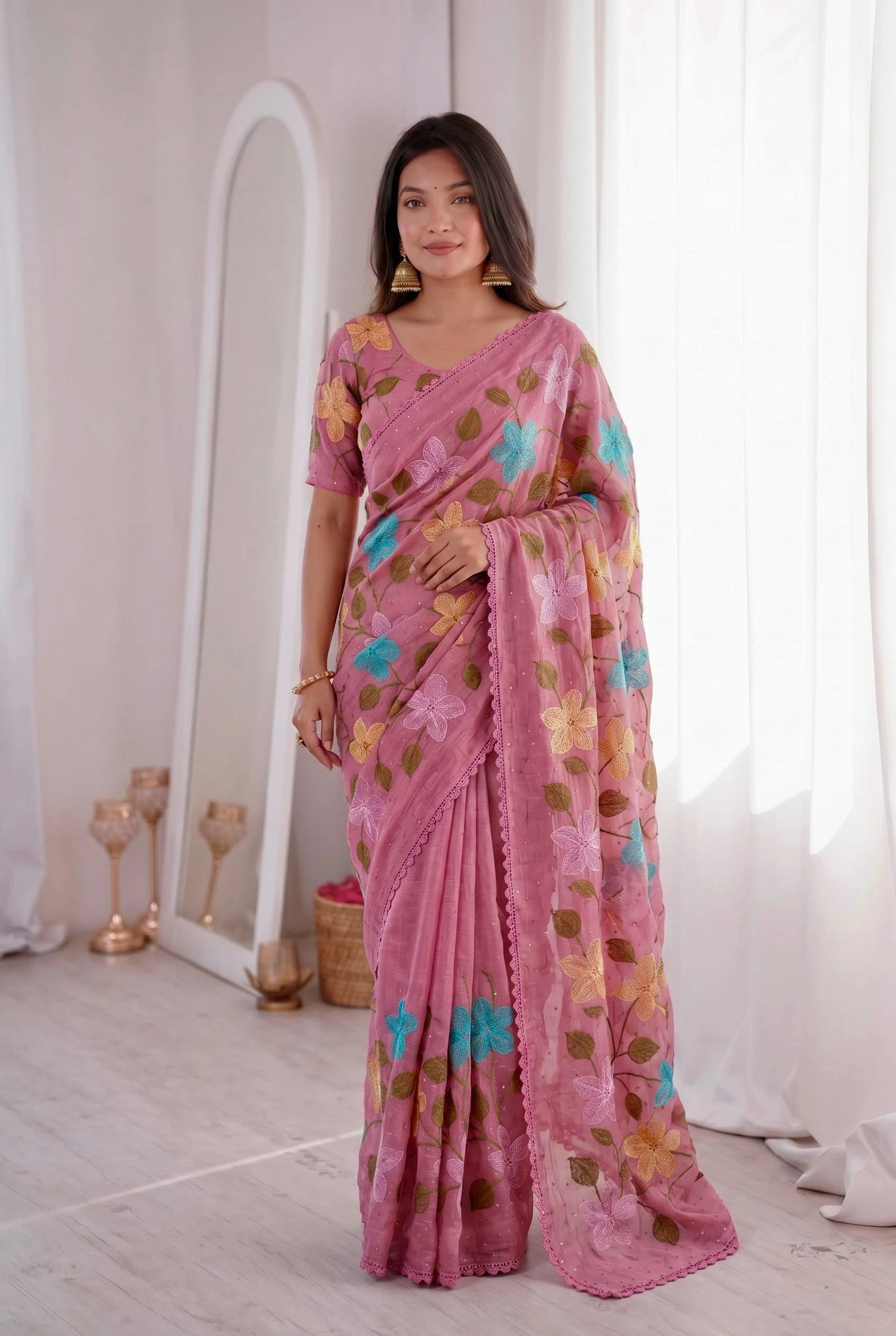 Bt 1311 Viscose Crunchy Silk Floral Embroidery Worked Saree Collection
