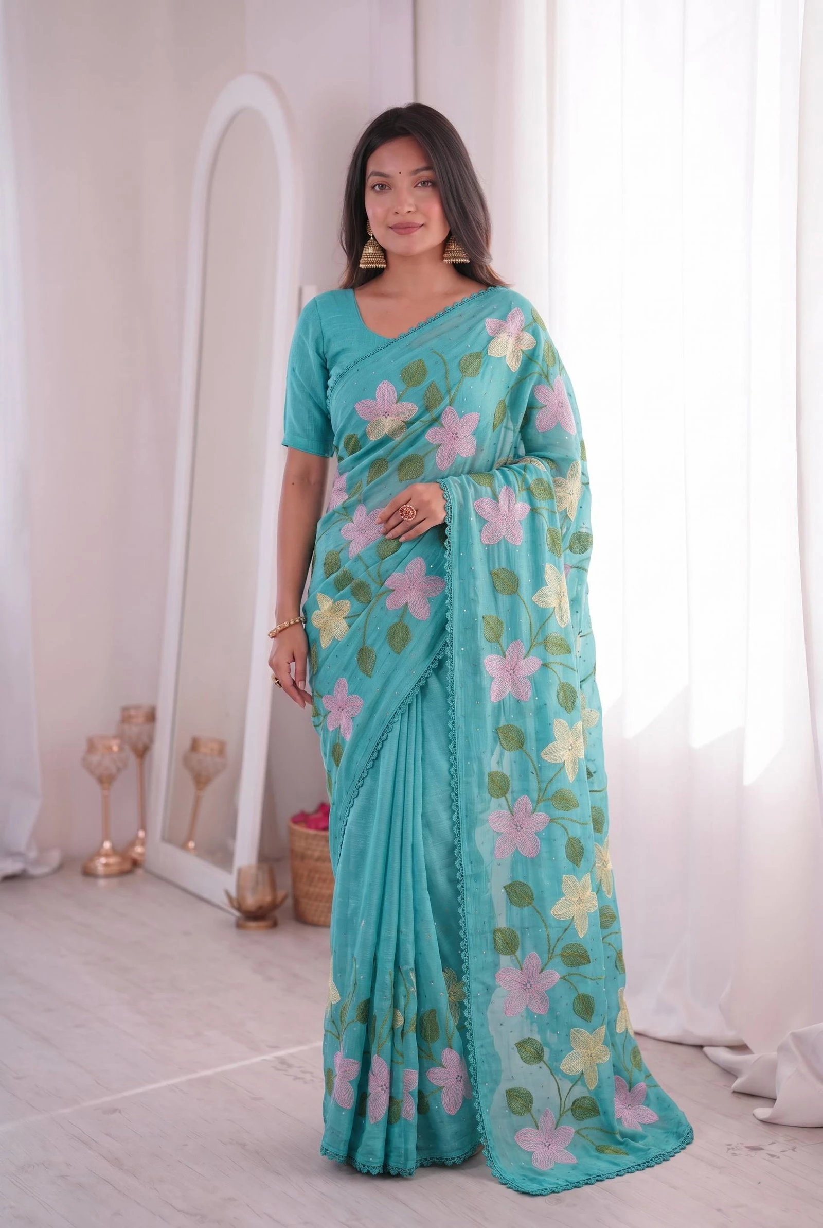 Bt 1311 Viscose Crunchy Silk Floral Embroidery Worked Saree Collection
