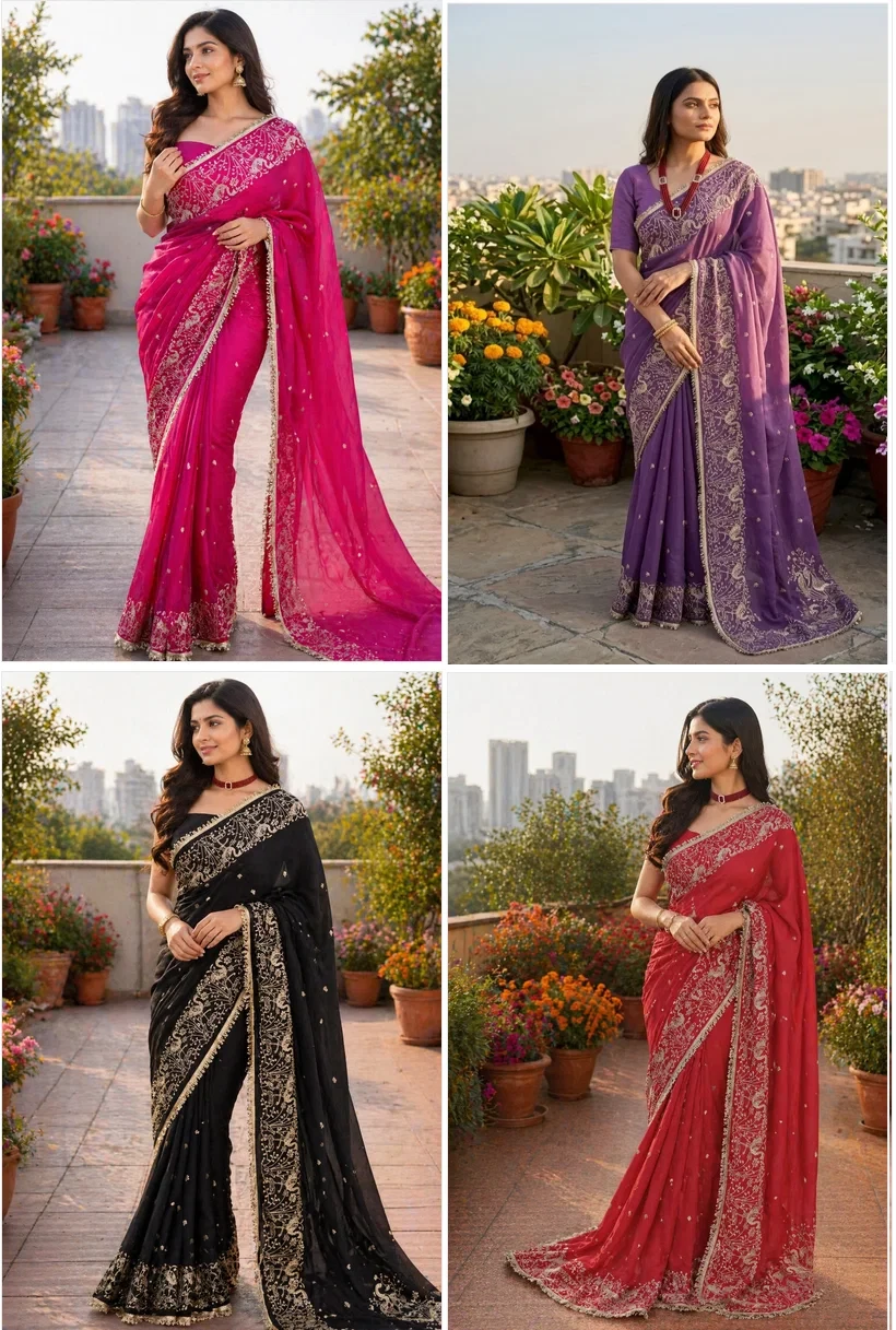 Bt 446 Star Georgette Thread Embroidery Worked Saree Collection