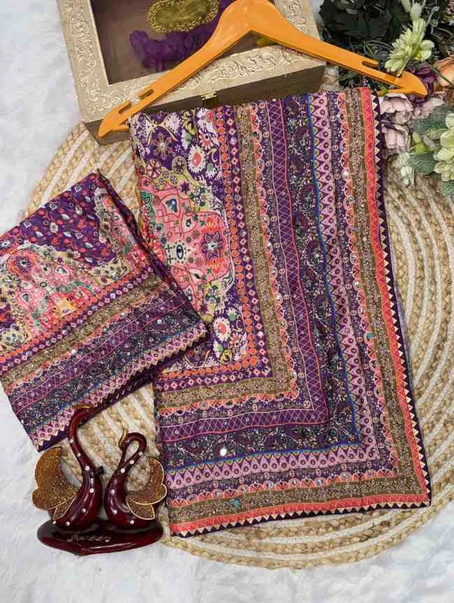 Kc 2132 Soft Chinon Printed Mirror Worked Saree Collection