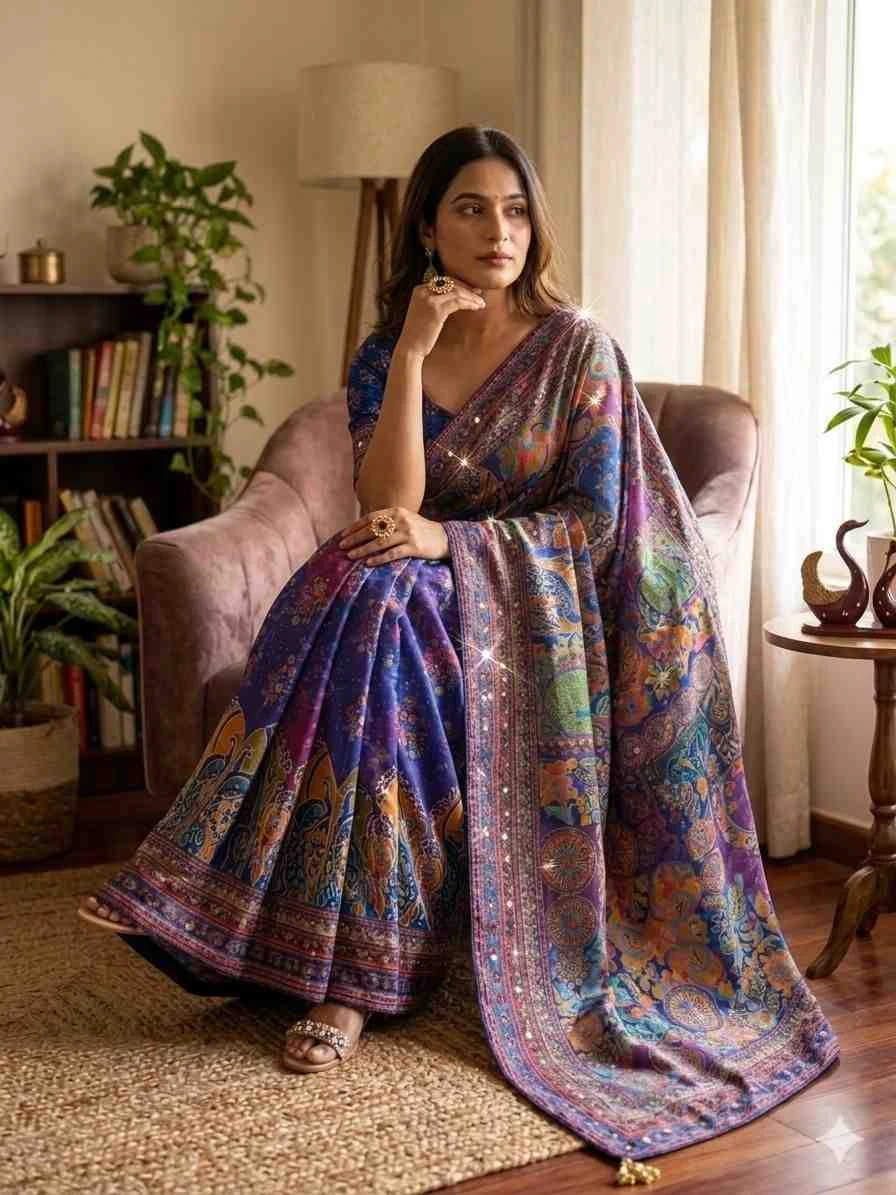 Kc 2132 Soft Chinon Printed Mirror Worked Saree Collection