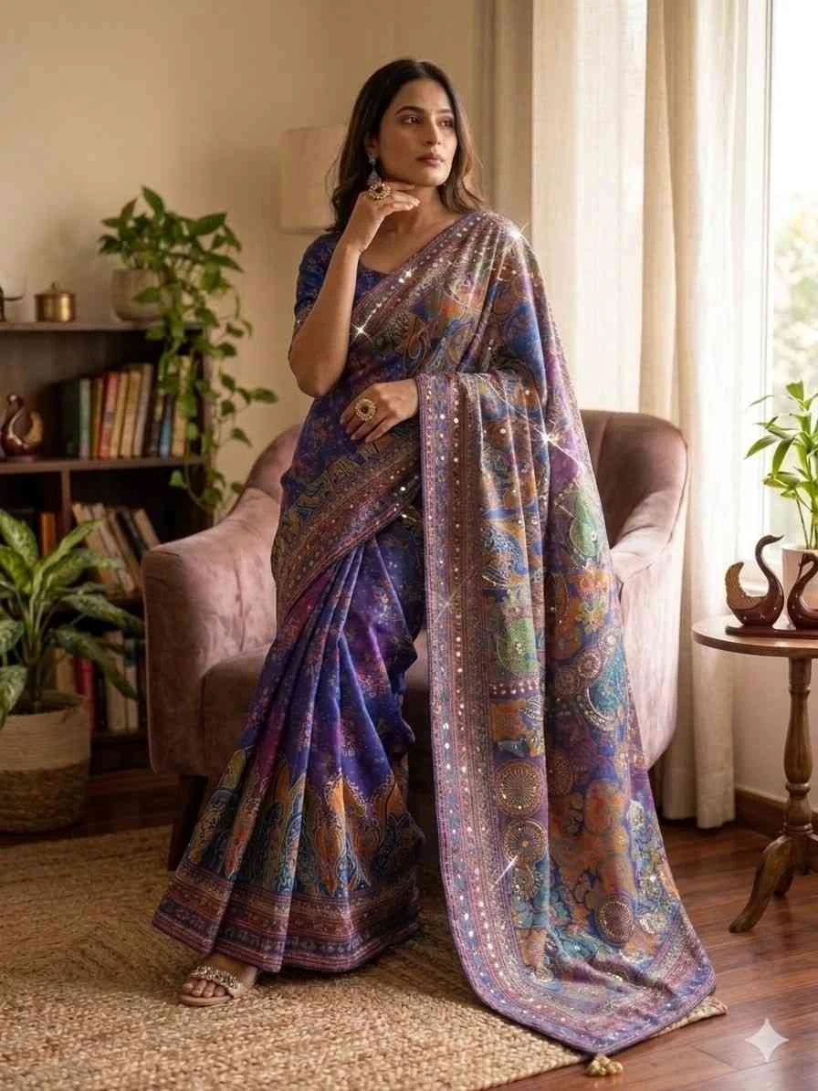 Kc 2132 Soft Chinon Printed Mirror Worked Saree Collection