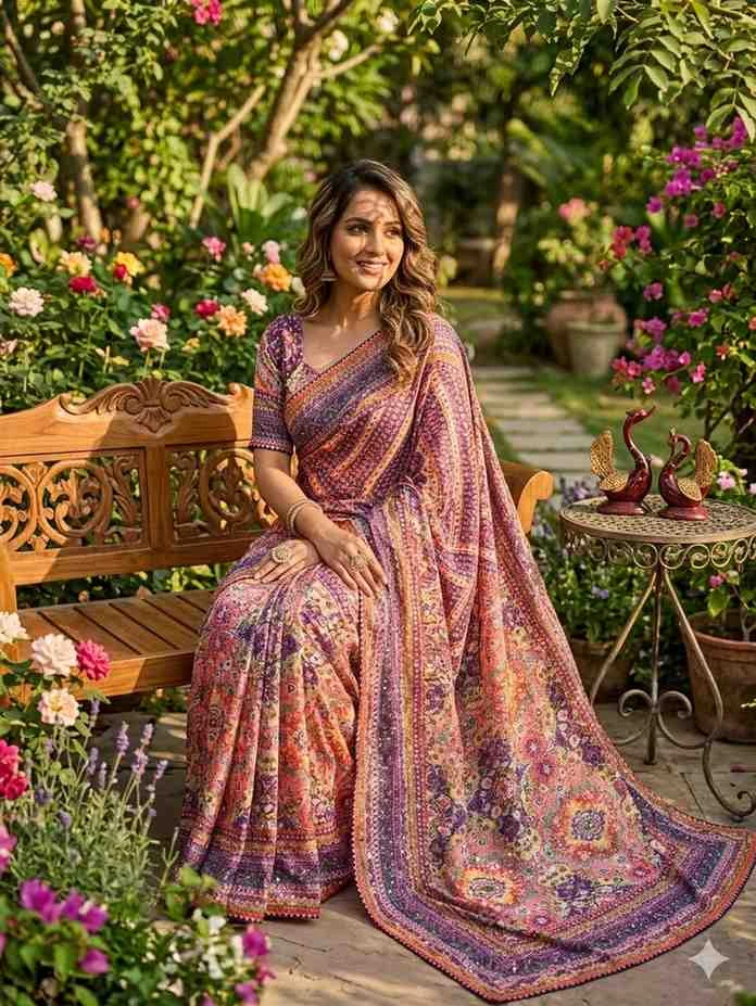 Kc 2132 Soft Chinon Printed Mirror Worked Saree Collection