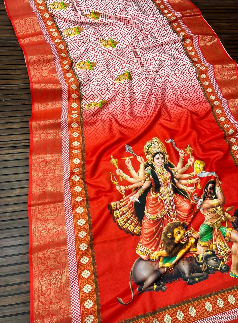Scjb Durga a Lichi Silk Printed Durga Puja Special Saree Collection
