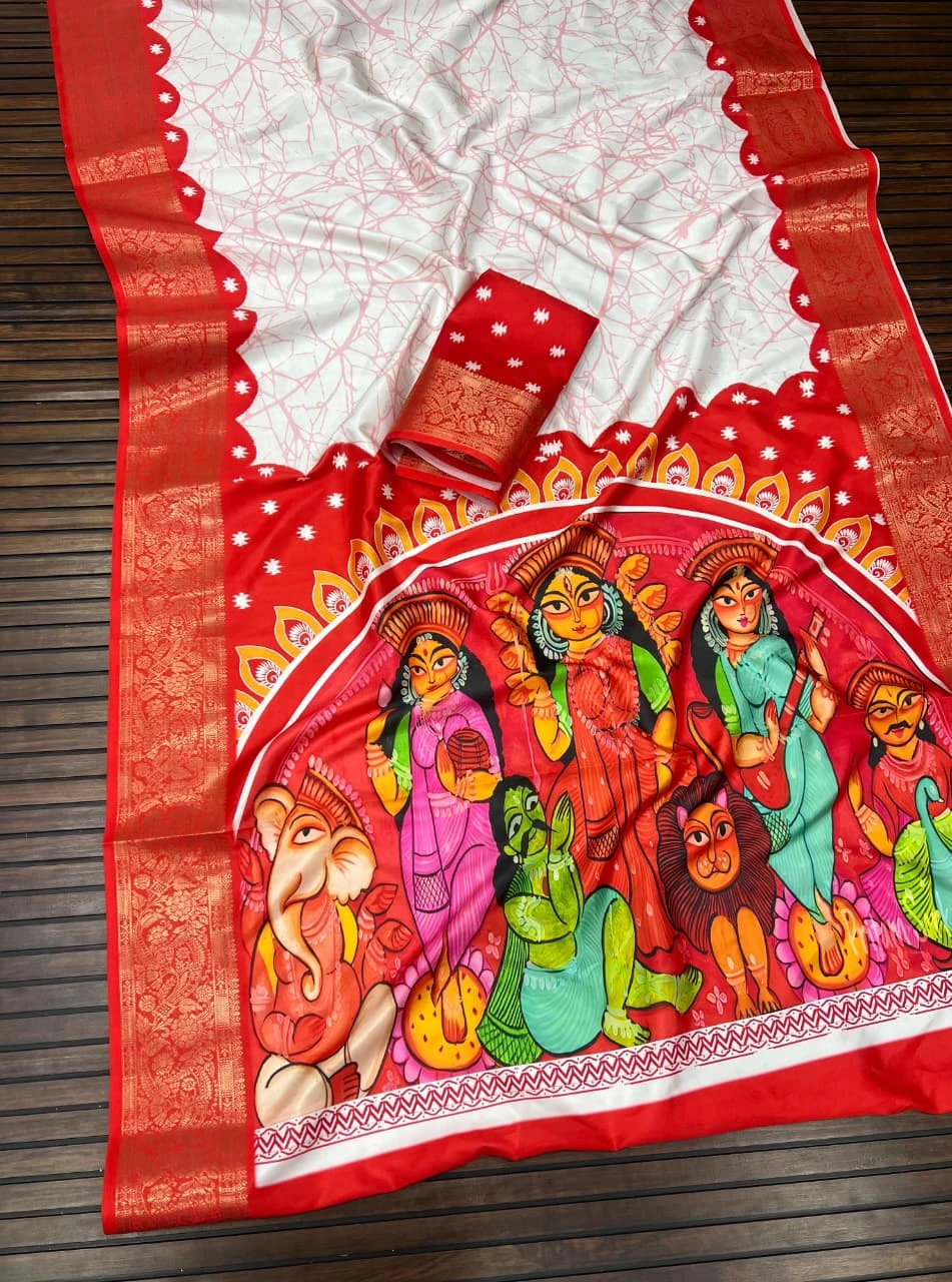 Scjb Durga a Lichi Silk Printed Durga Puja Special Saree Collection