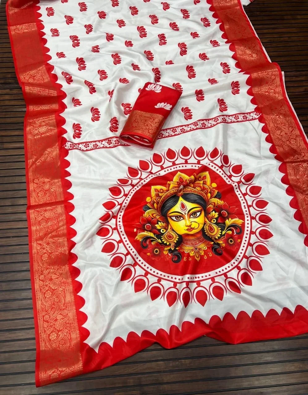 Scjb Durga B Lichi Silk Digital Printed Durga Puja Saree Collection