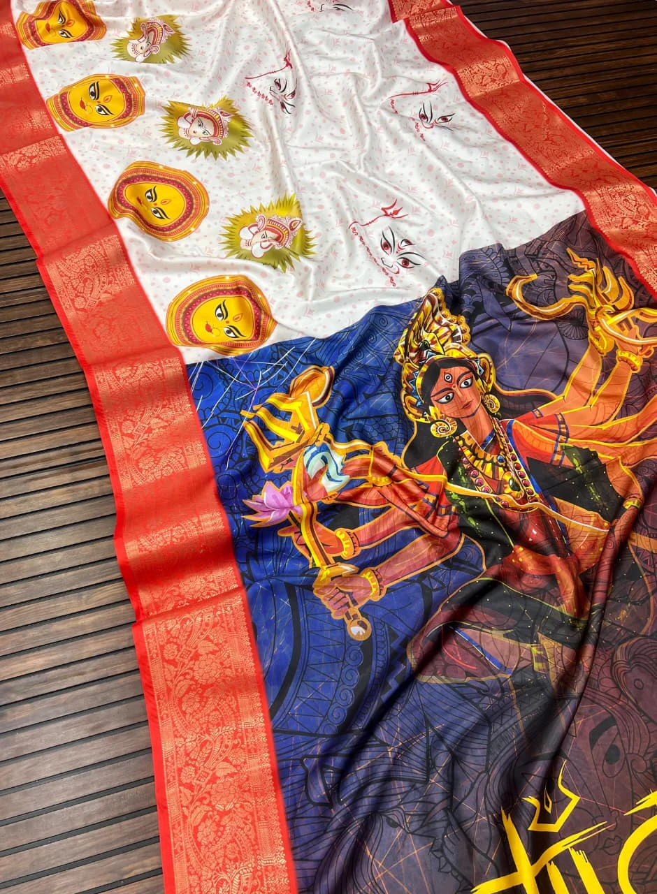 Scjb Durga B Lichi Silk Digital Printed Durga Puja Saree Collection