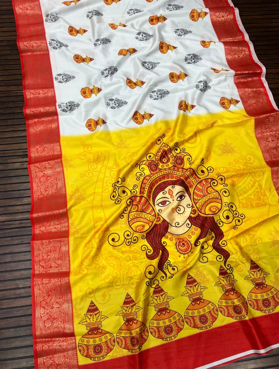 Scjb Durga B Lichi Silk Digital Printed Durga Puja Saree Collection