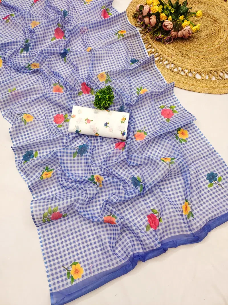 Checks Printed 1 Soft Linen Cotton Flower Printed Saree Collection
