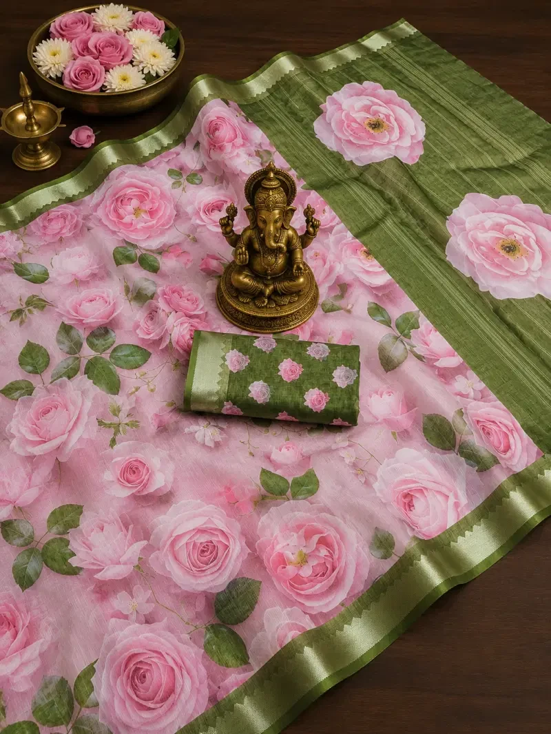 Scmg Flora L Linen Floral Printed Saree Collection