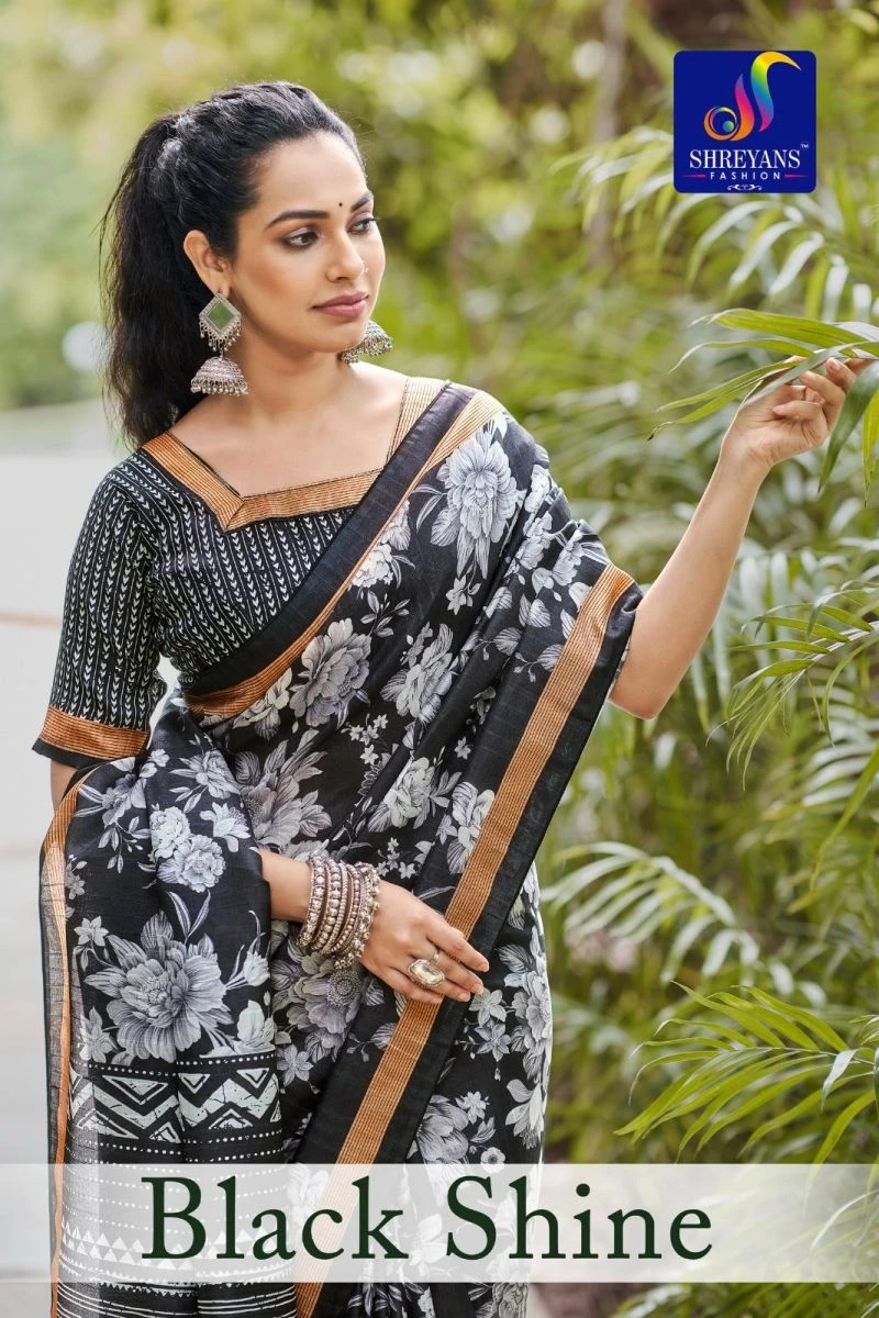 Black Shine Linen Printed Saree Collection